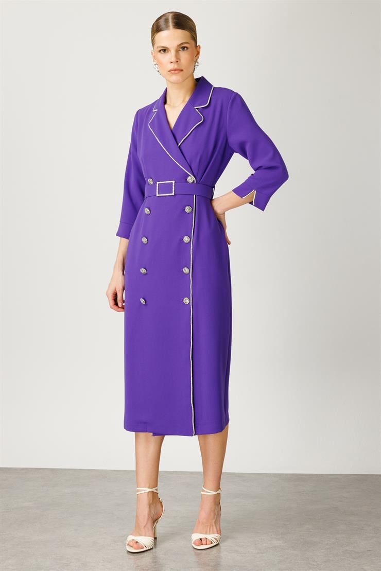 Modailgi  Şerit Taş Detaylı Kruvaze Elbise Mor
