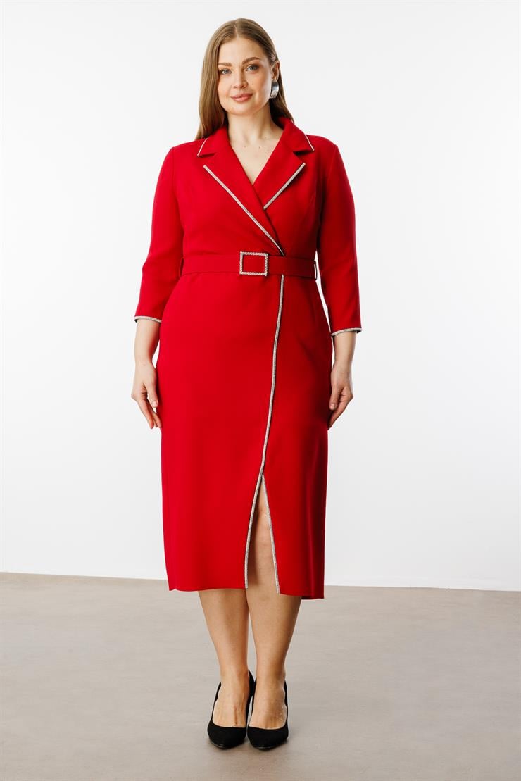 Modailgi  Şerit Taş Detaylı Kruvaze Elbise Kırmızı