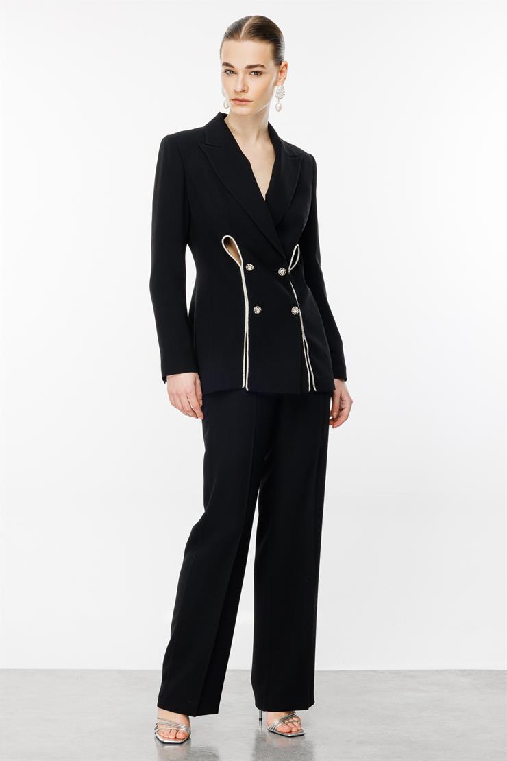 Modailgi  Şerit Taş Yırtmaçlı Kruvaze Ceket Siyah