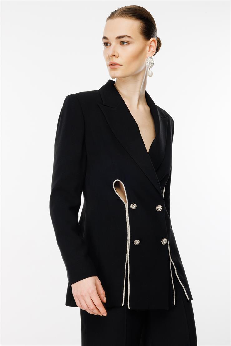 Modailgi  Şerit Taş Yırtmaçlı Kruvaze Ceket Siyah