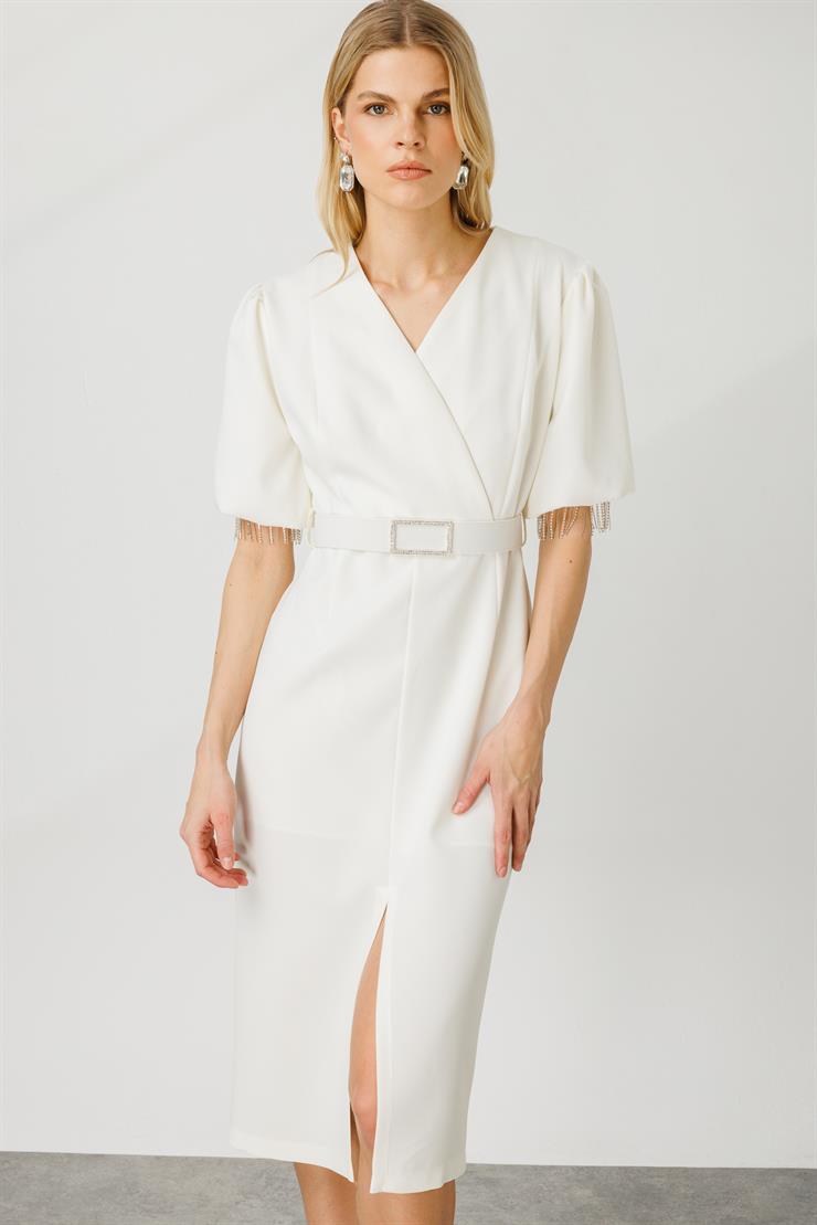 Modailgi  Şerit Taşlı Balon Kol Elbise Ekru