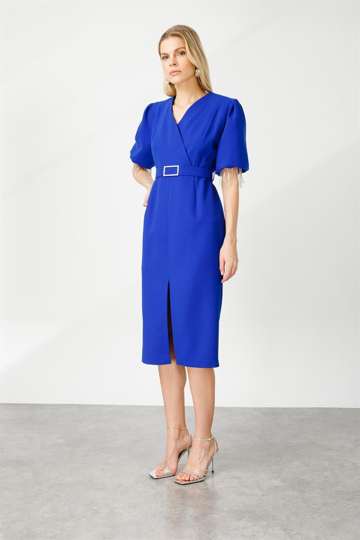 Modailgi  Şerit Taşlı Balon Kol Elbise Saks