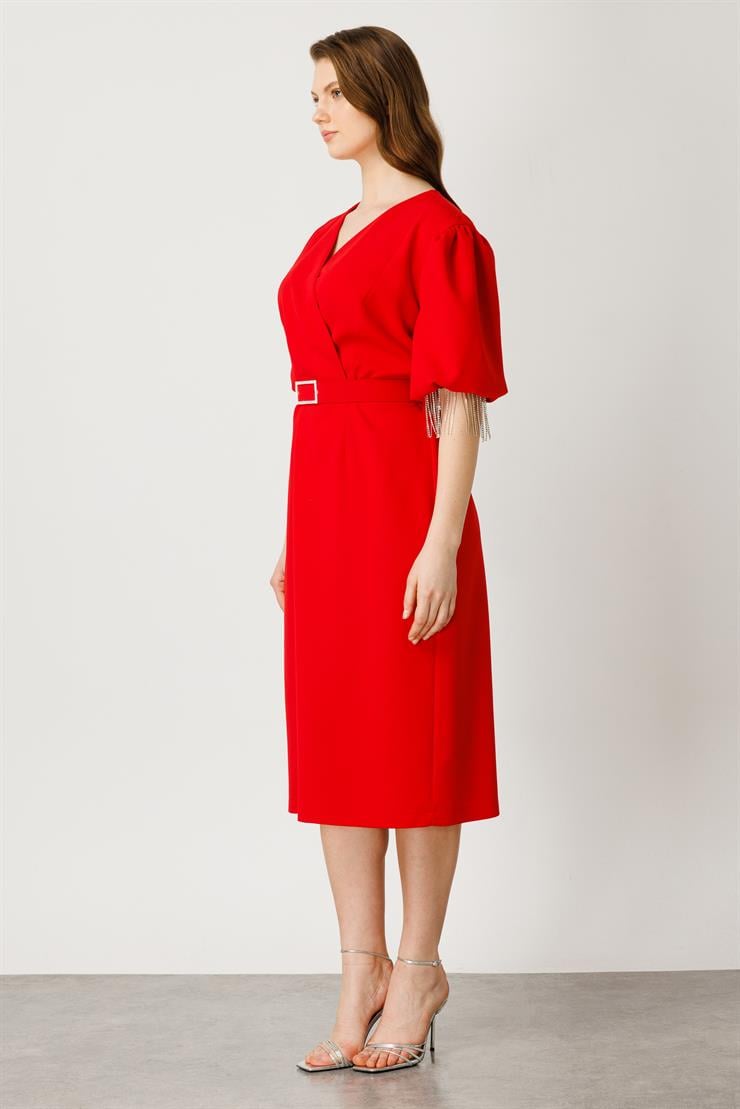 Modailgi  Şerit Taşlı Balon Kol Elbise Kırmızı