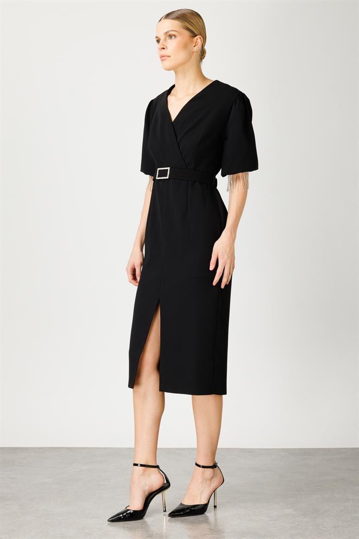 Modailgi  Şerit Taşlı Balon Kol Elbise Siyah