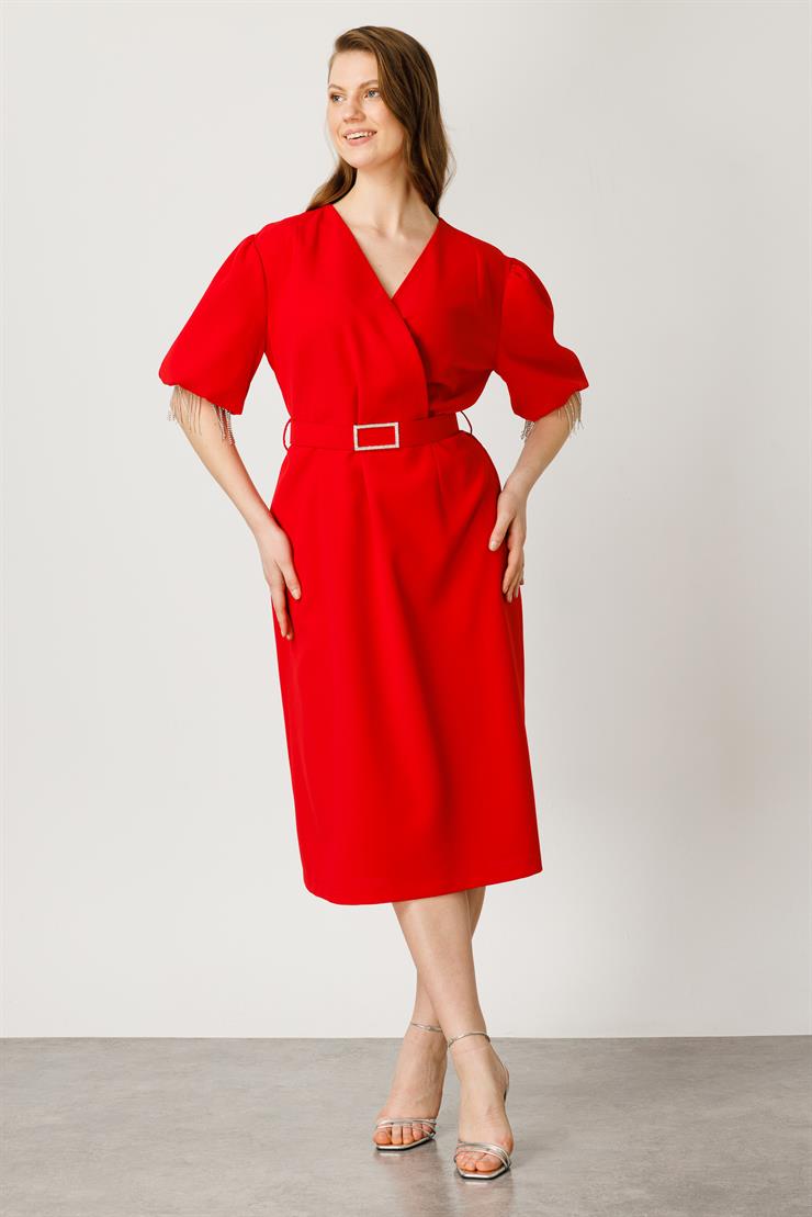 Modailgi  Şerit Taşlı Balon Kol Elbise Kırmızı