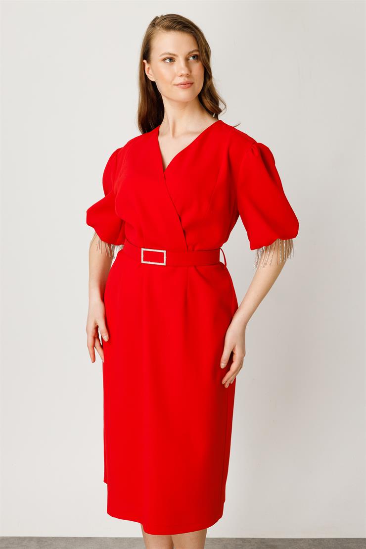 Modailgi  Şerit Taşlı Balon Kol Elbise Kırmızı