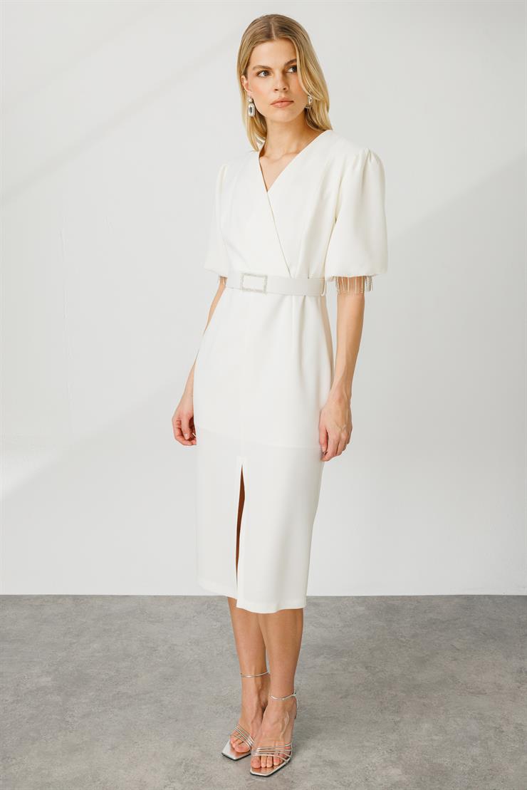 Modailgi  Şerit Taşlı Balon Kol Elbise Ekru