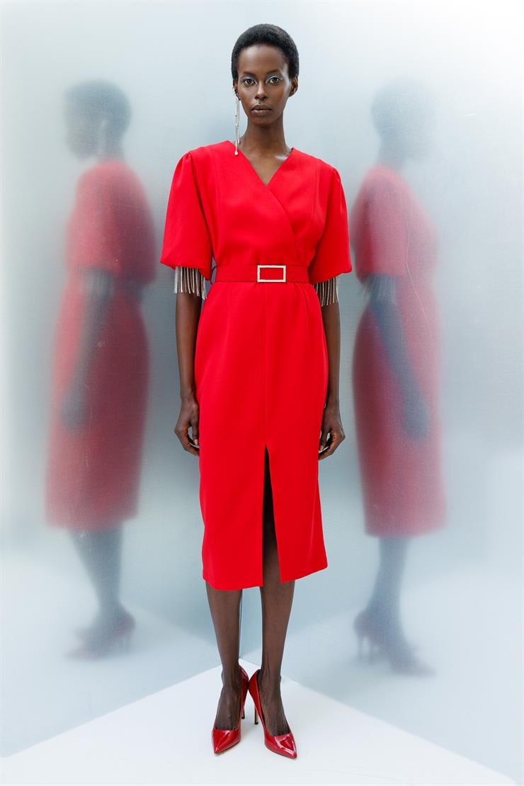 Modailgi  Şerit Taşlı Balon Kol Elbise Kırmızı