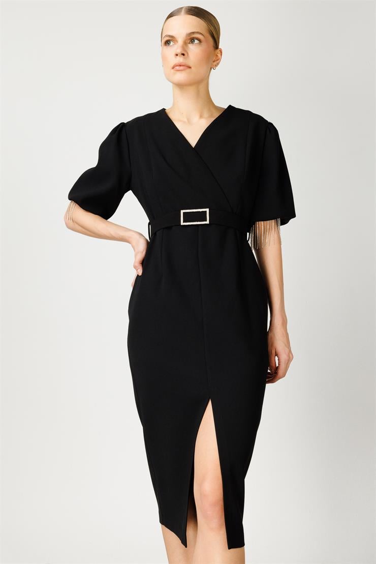 Modailgi  Şerit Taşlı Balon Kol Elbise Siyah