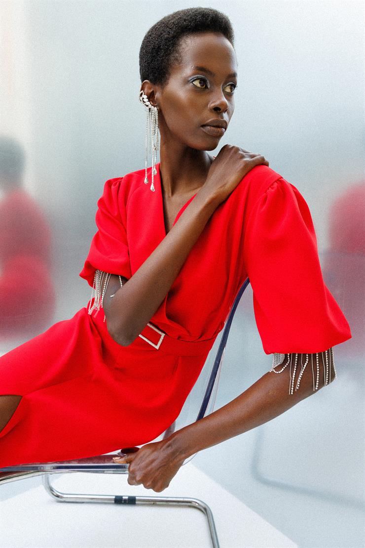 Modailgi  Şerit Taşlı Balon Kol Elbise Kırmızı