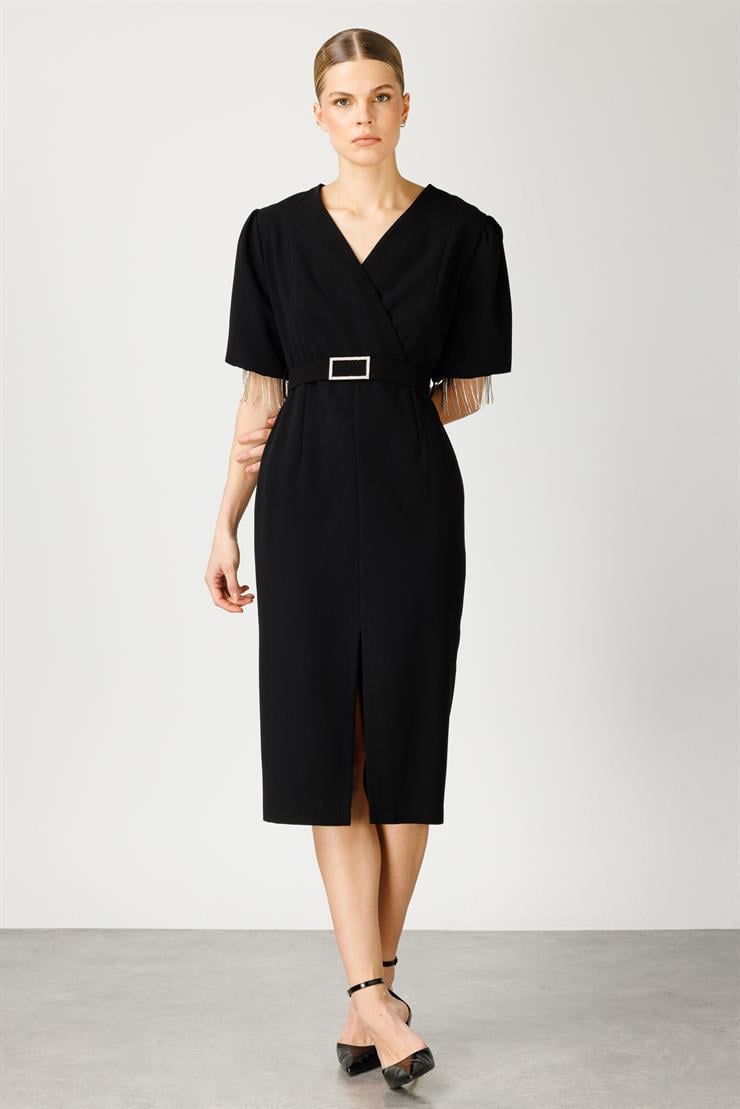 Modailgi  Şerit Taşlı Balon Kol Elbise Siyah