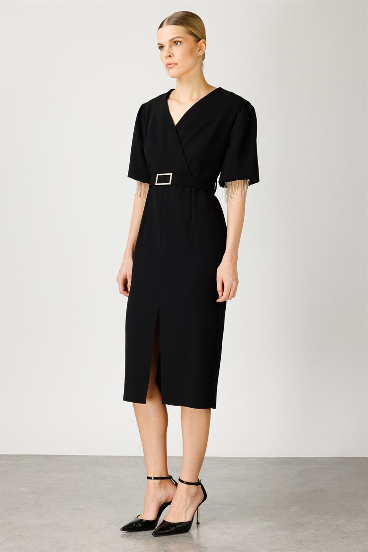 Modailgi  Şerit Taşlı Balon Kol Elbise Siyah