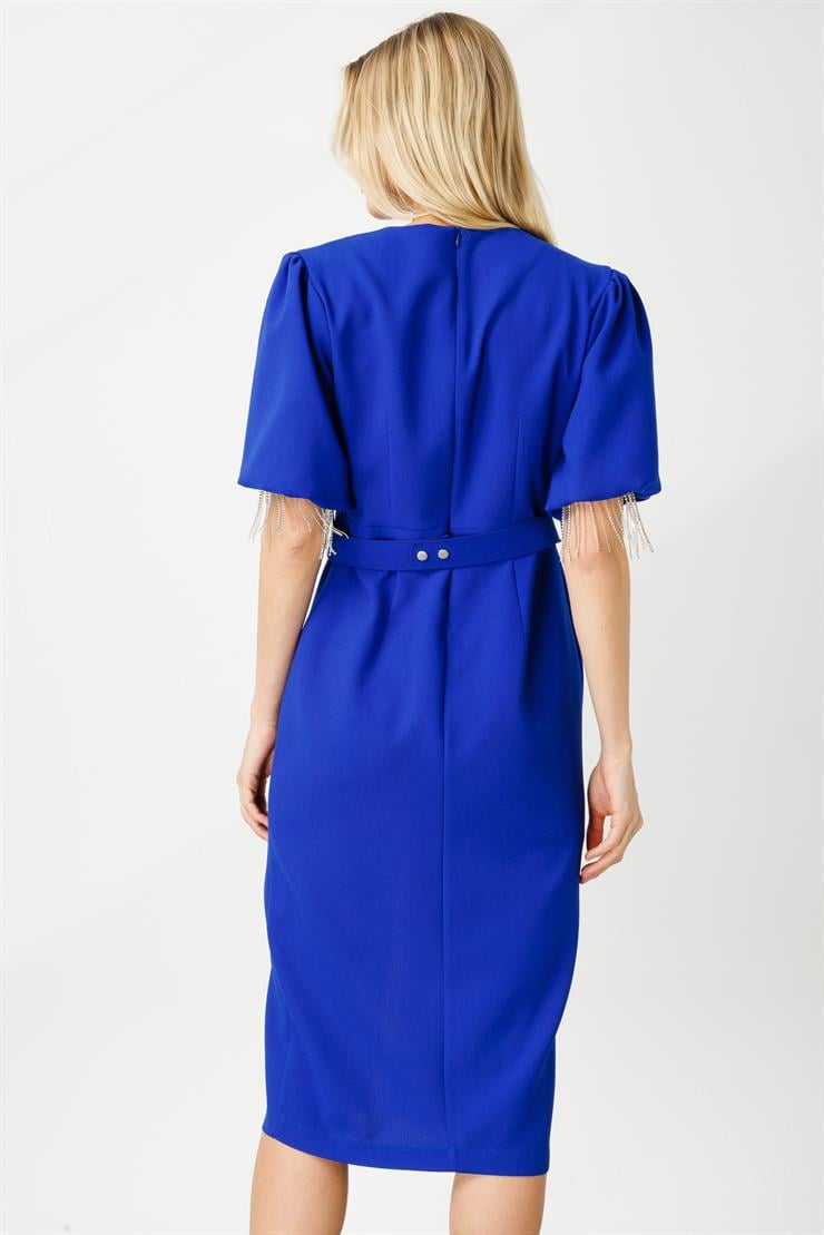 Modailgi  Şerit Taşlı Balon Kol Elbise Saks