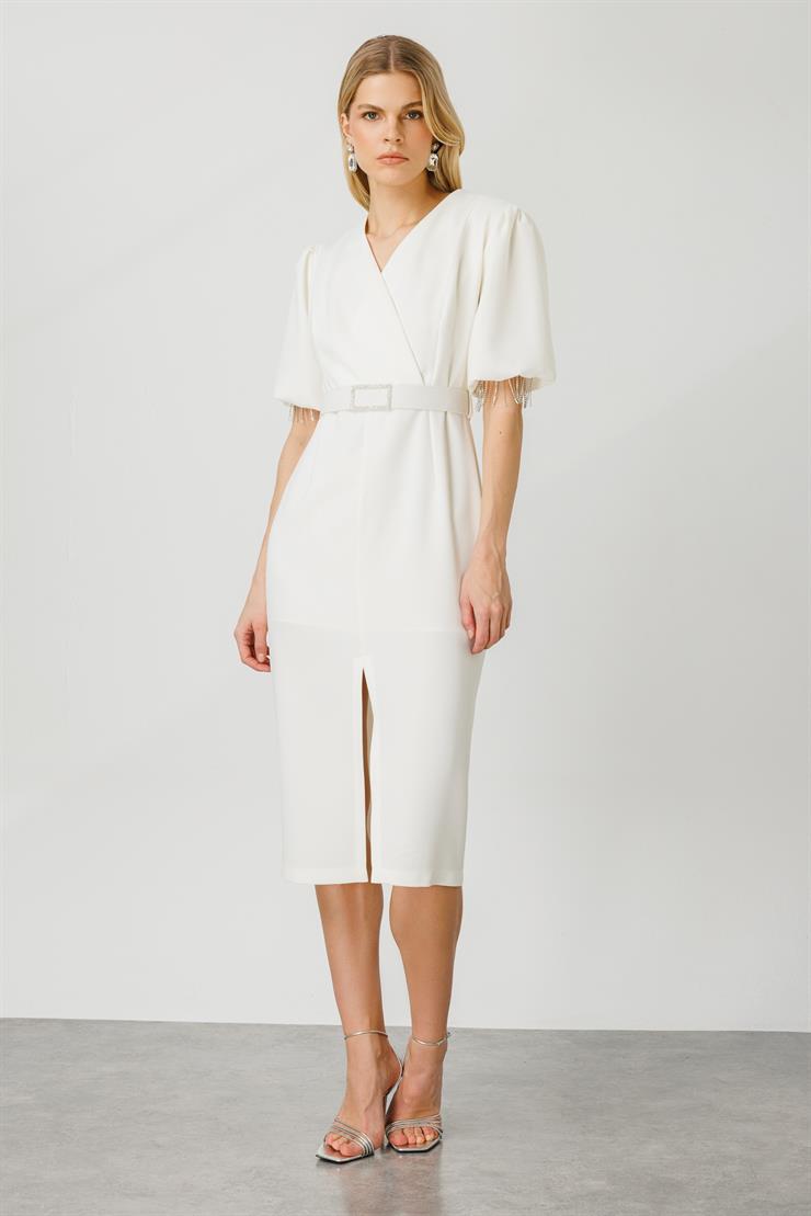 Modailgi  Şerit Taşlı Balon Kol Elbise Ekru