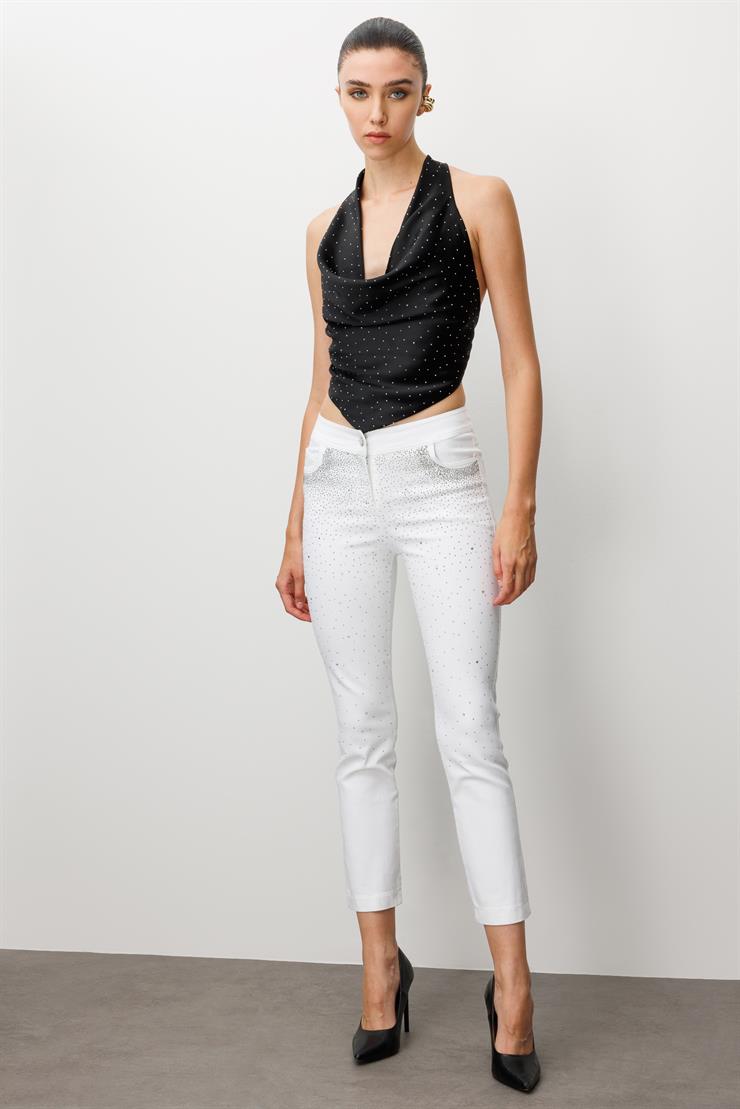 Modailgi  Serpme Taş Detaylı Dar Kesim Bilek Boy Yıkamalı Pantolon Ekru