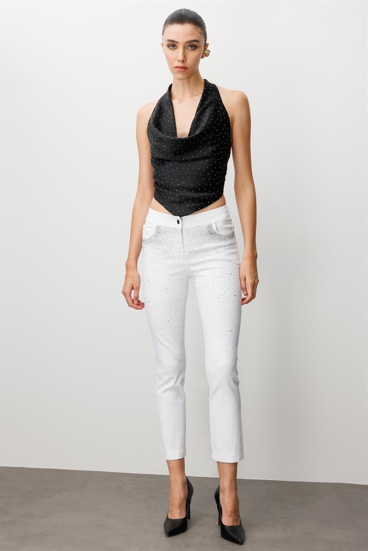 Modailgi  Serpme Taş Detaylı Dar Kesim Bilek Boy Yıkamalı Pantolon Ekru