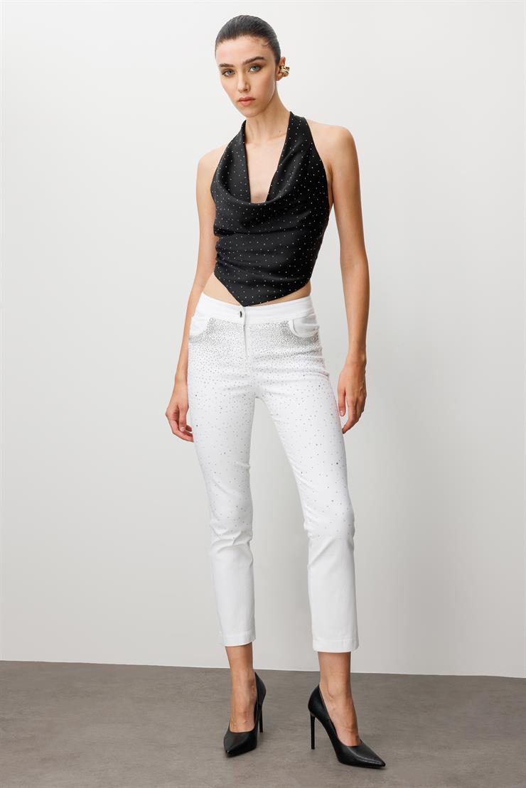 Modailgi  Serpme Taş Detaylı Dar Kesim Bilek Boy Yıkamalı Pantolon Ekru