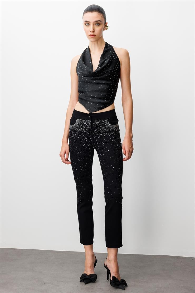 Modailgi  Serpme Taş Detaylı Dar Kesim Bilek Boy Yıkamalı Pantolon Siyah