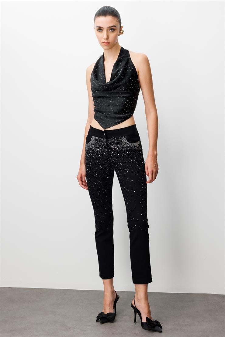 Modailgi  Serpme Taş Detaylı Dar Kesim Bilek Boy Yıkamalı Pantolon Siyah