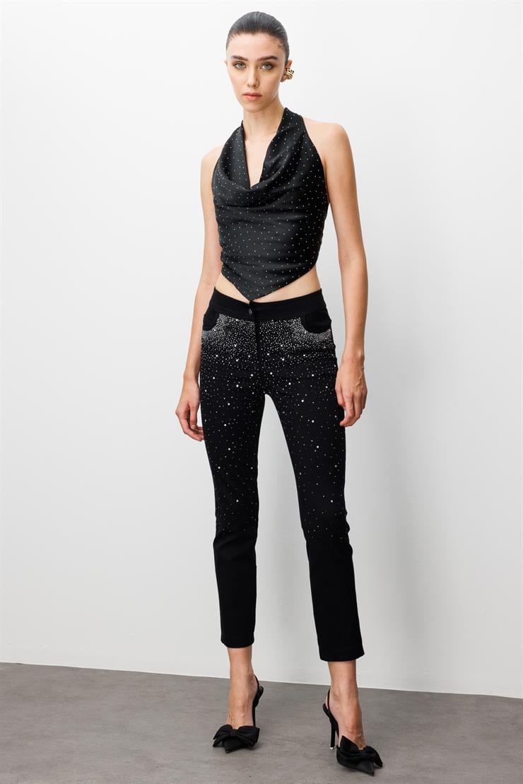 Modailgi  Serpme Taş Detaylı Dar Kesim Bilek Boy Yıkamalı Pantolon Siyah