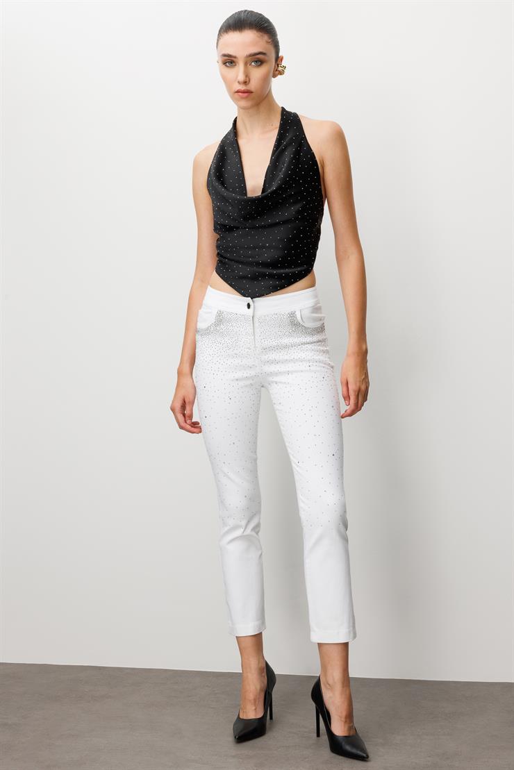 Modailgi  Serpme Taş Detaylı Dar Kesim Bilek Boy Yıkamalı Pantolon Ekru