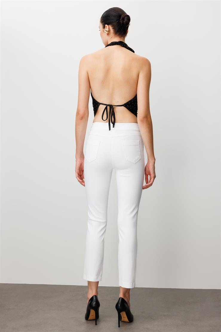 Modailgi  Serpme Taş Detaylı Dar Kesim Bilek Boy Yıkamalı Pantolon Ekru