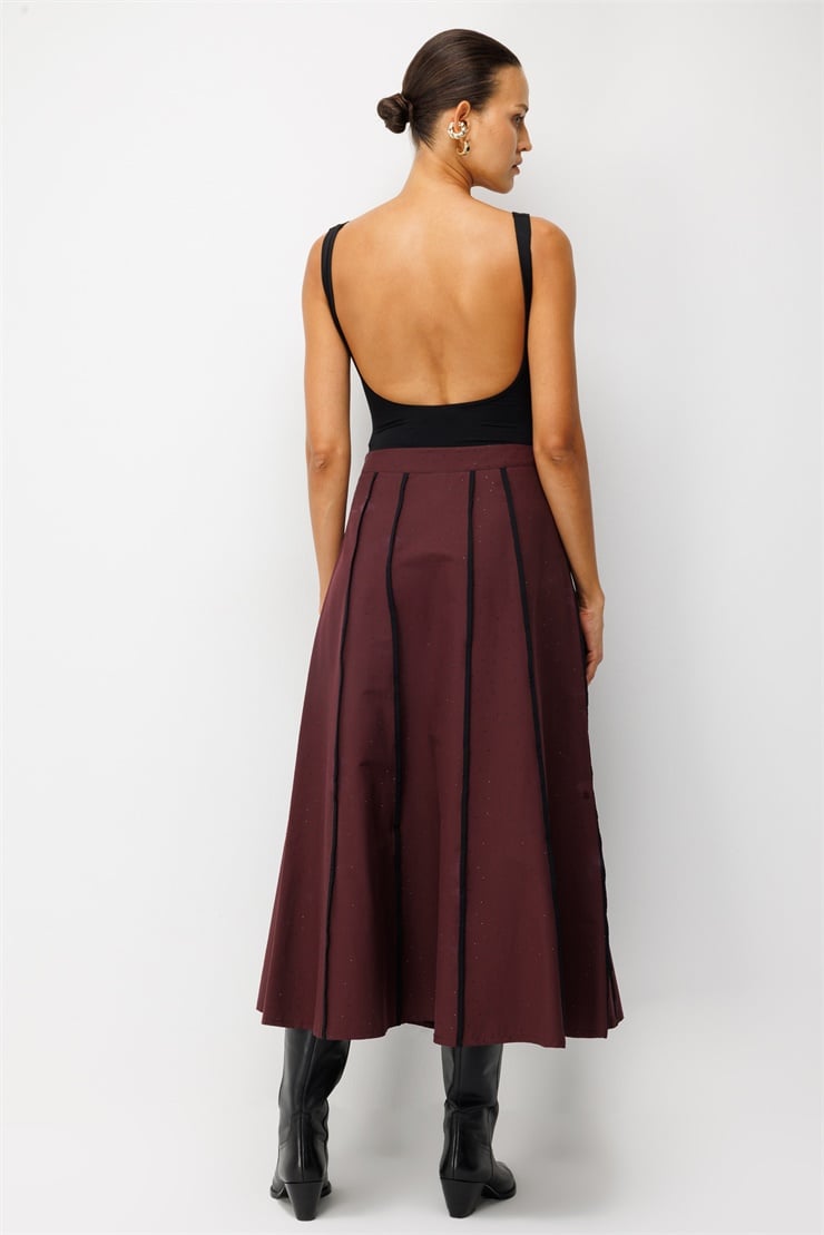 Modailgi  Serpme Taş Kumaş Biye Detaylı Uzun Etek - 10164 Bordo