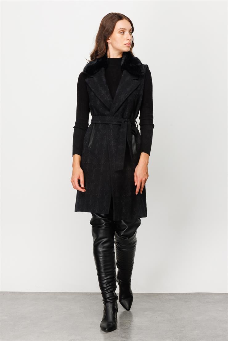 Modailgi  Seyyar Kürklü Jakarlı Yelek Siyah