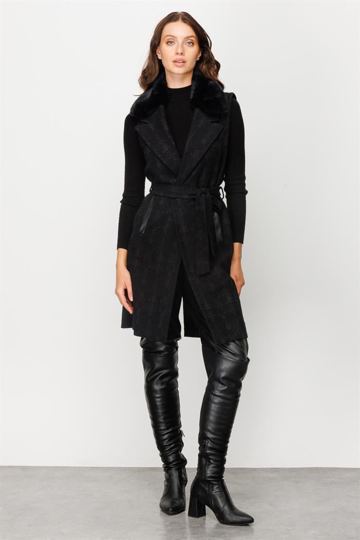 Modailgi  Seyyar Kürklü Jakarlı Yelek Siyah