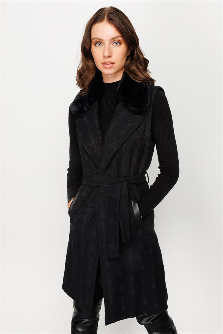 Modailgi  Seyyar Kürklü Jakarlı Yelek Siyah