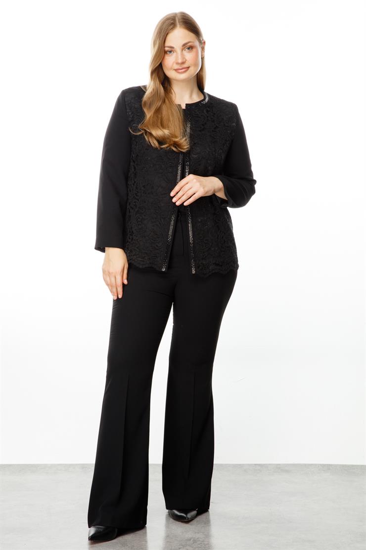 Modailgi  Sıfır Yaka Dantelli Ön Patı Taşlı Kısa Ceket Siyah