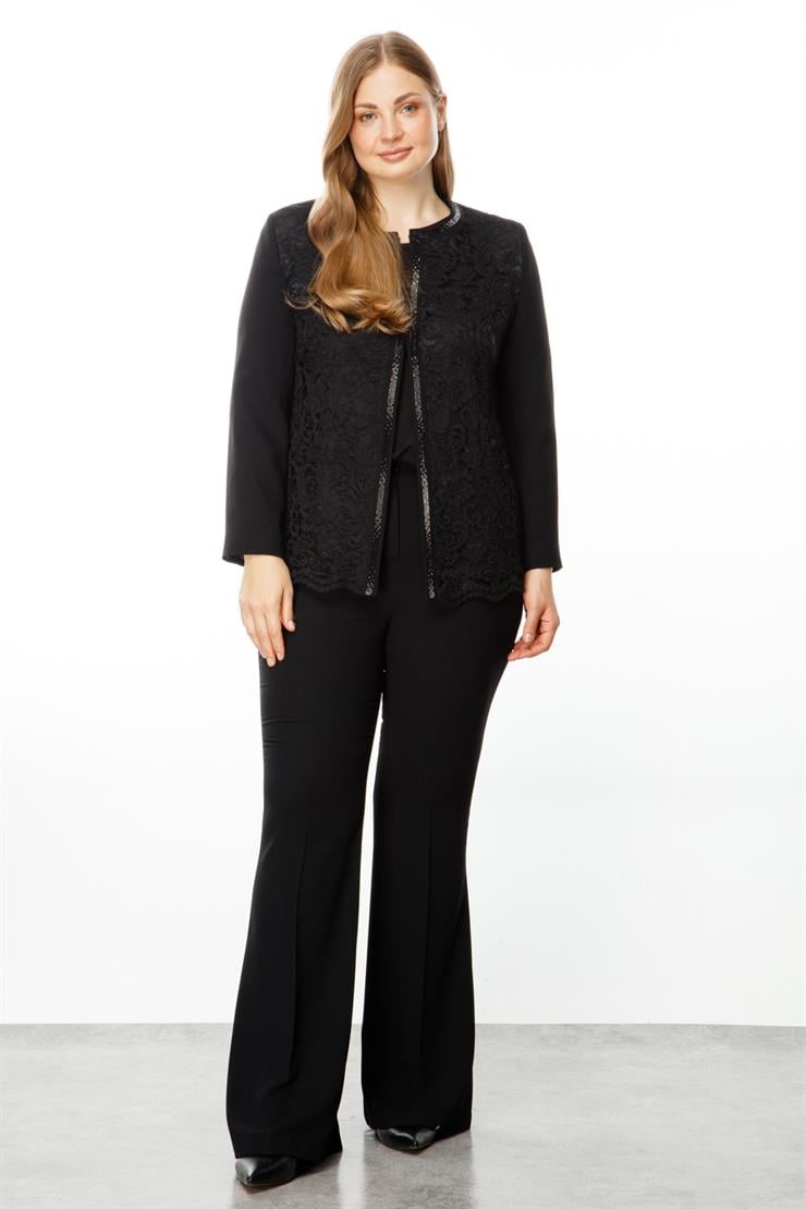 Modailgi  Sıfır Yaka Dantelli Ön Patı Taşlı Kısa Ceket Siyah