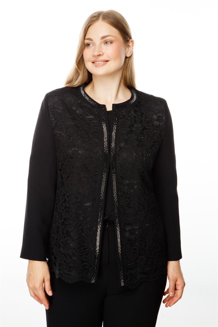 Modailgi  Sıfır Yaka Dantelli Ön Patı Taşlı Kısa Ceket Siyah