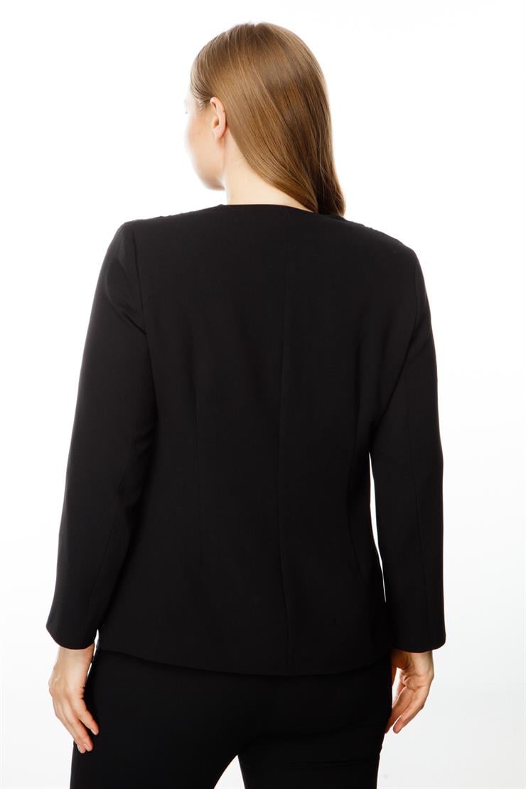 Modailgi  Sıfır Yaka Dantelli Ön Patı Taşlı Kısa Ceket Siyah