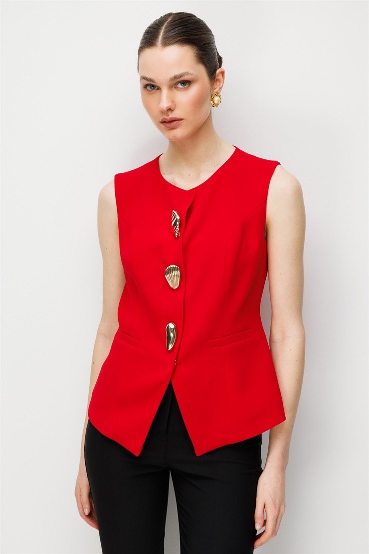 Modailgi  Sıfır Yaka Düğme Detaylı Yelek Kırmızı