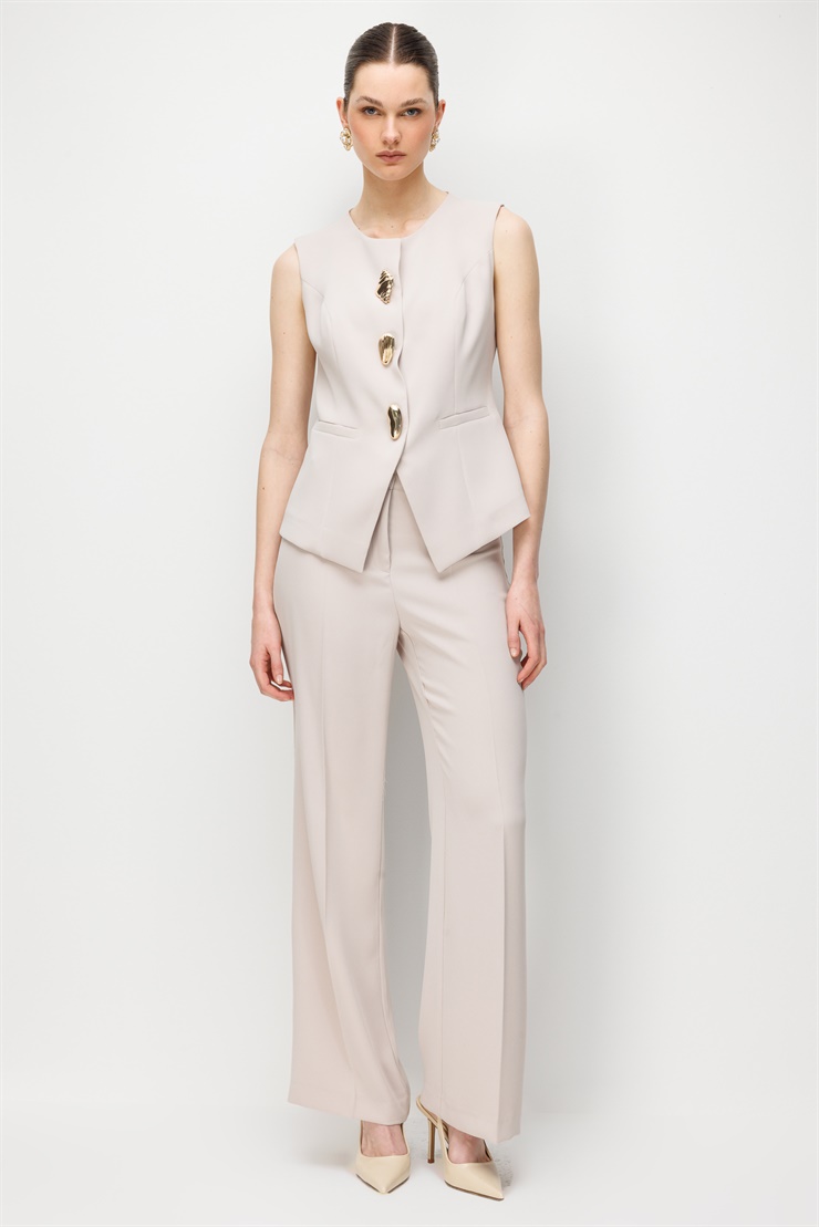 Modailgi  Sıfır Yaka Düğme Detaylı Yelek Taş