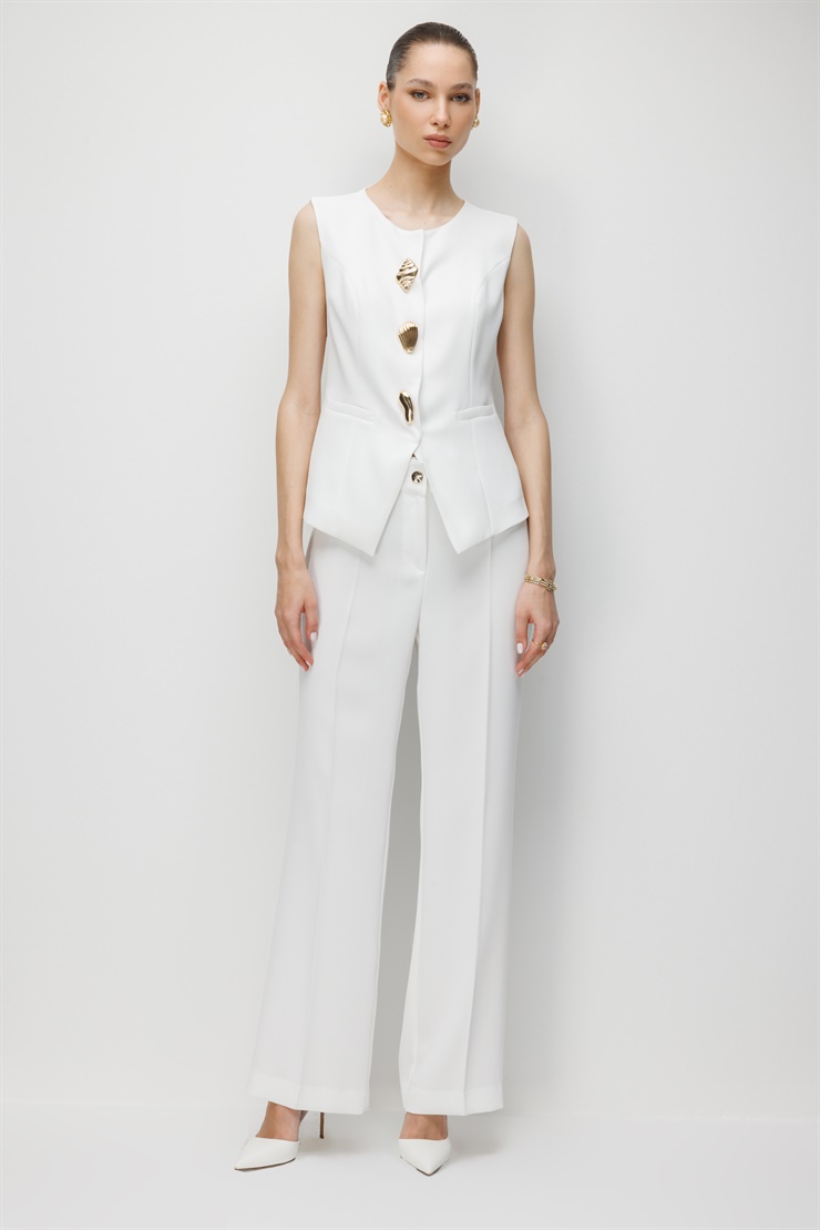 Modailgi  Sıfır Yaka Düğme Detaylı Yelek Ekru