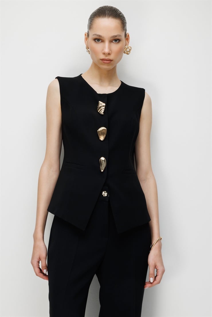 Modailgi  Sıfır Yaka Düğme Detaylı Yelek Siyah