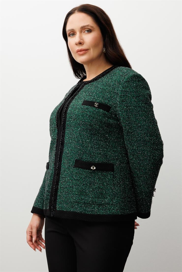 Modailgi  Sıfır Yaka İnci Akseuar Detaylı Twit Ceket SİYAH-YEŞİL