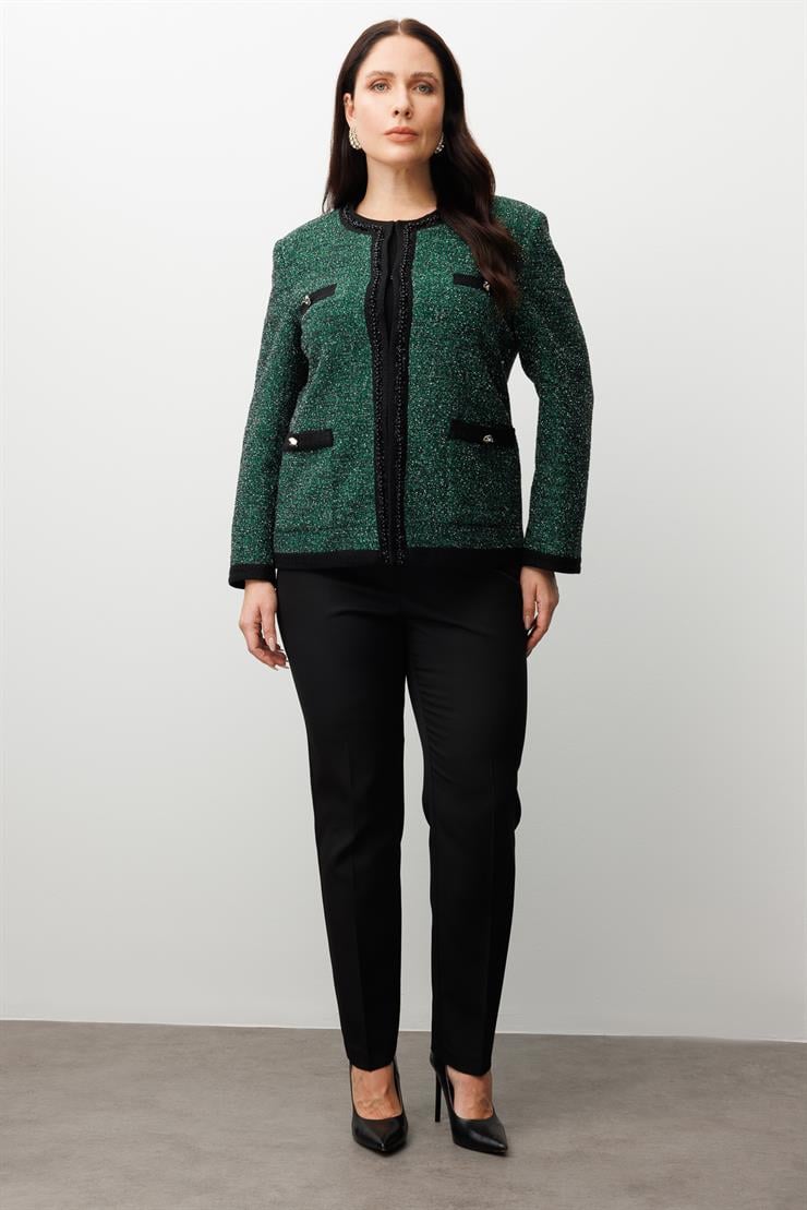 Modailgi  Sıfır Yaka İnci Akseuar Detaylı Twit Ceket SİYAH-YEŞİL