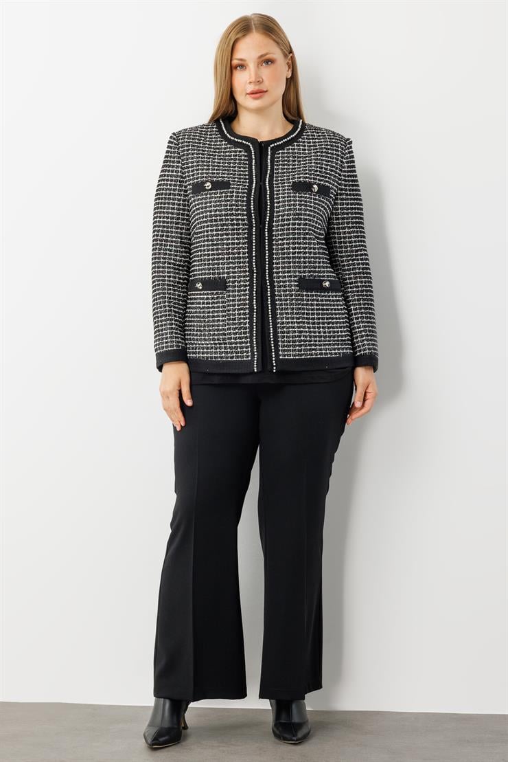 Modailgi  Sıfır Yaka İnci Akseuar Detaylı Twit Ceket SİYAH-BEYAZ