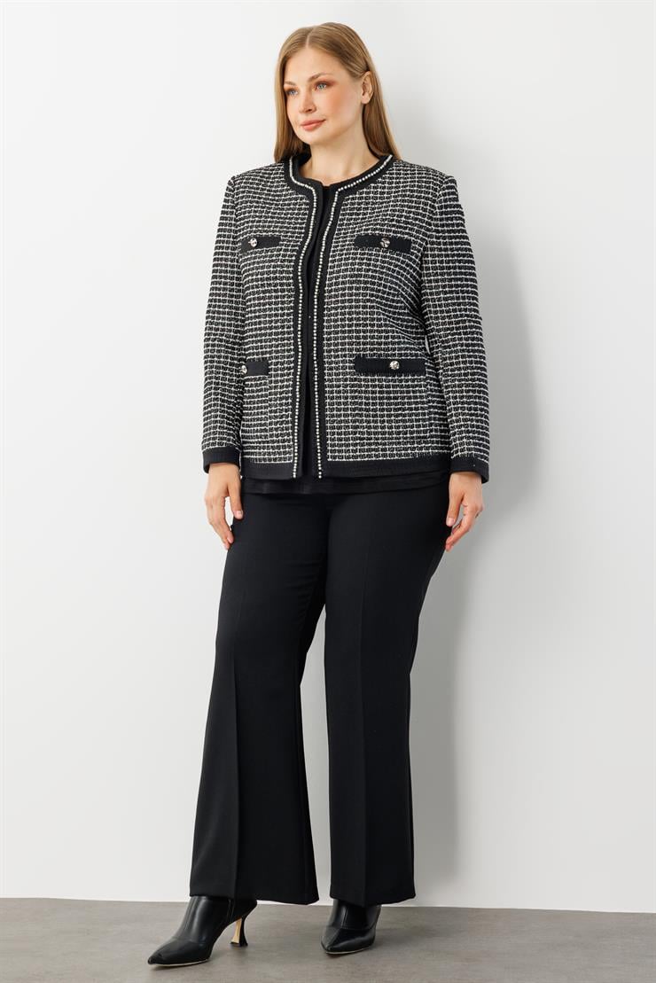 Modailgi  Sıfır Yaka İnci Akseuar Detaylı Twit Ceket SİYAH-BEYAZ