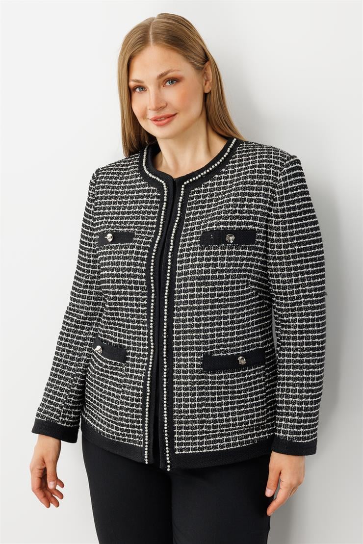 Modailgi  Sıfır Yaka İnci Akseuar Detaylı Twit Ceket SİYAH-BEYAZ