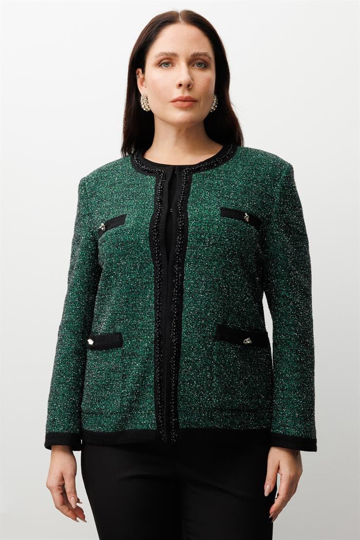 Modailgi  Sıfır Yaka İnci Akseuar Detaylı Twit Ceket SİYAH-YEŞİL