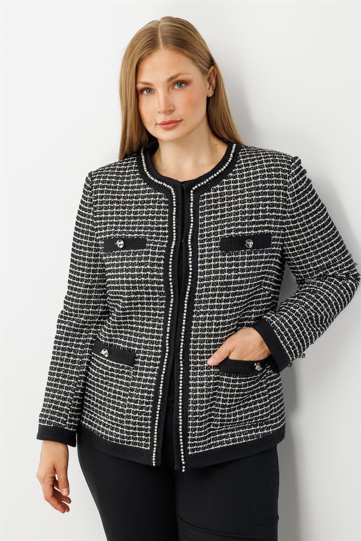 Modailgi  Sıfır Yaka İnci Akseuar Detaylı Twit Ceket SİYAH-BEYAZ