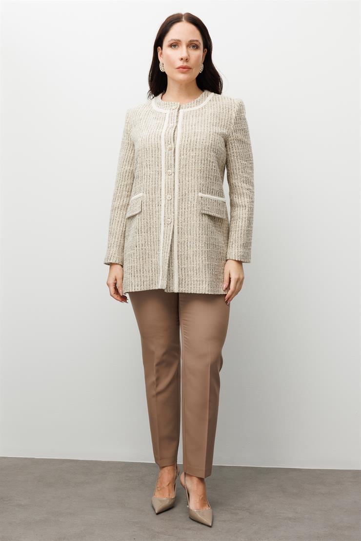 Modailgi  Sıfır Yakalı Düğme Kapamalı Şerit Detaylı Astarlı Uzun Ceket Bej