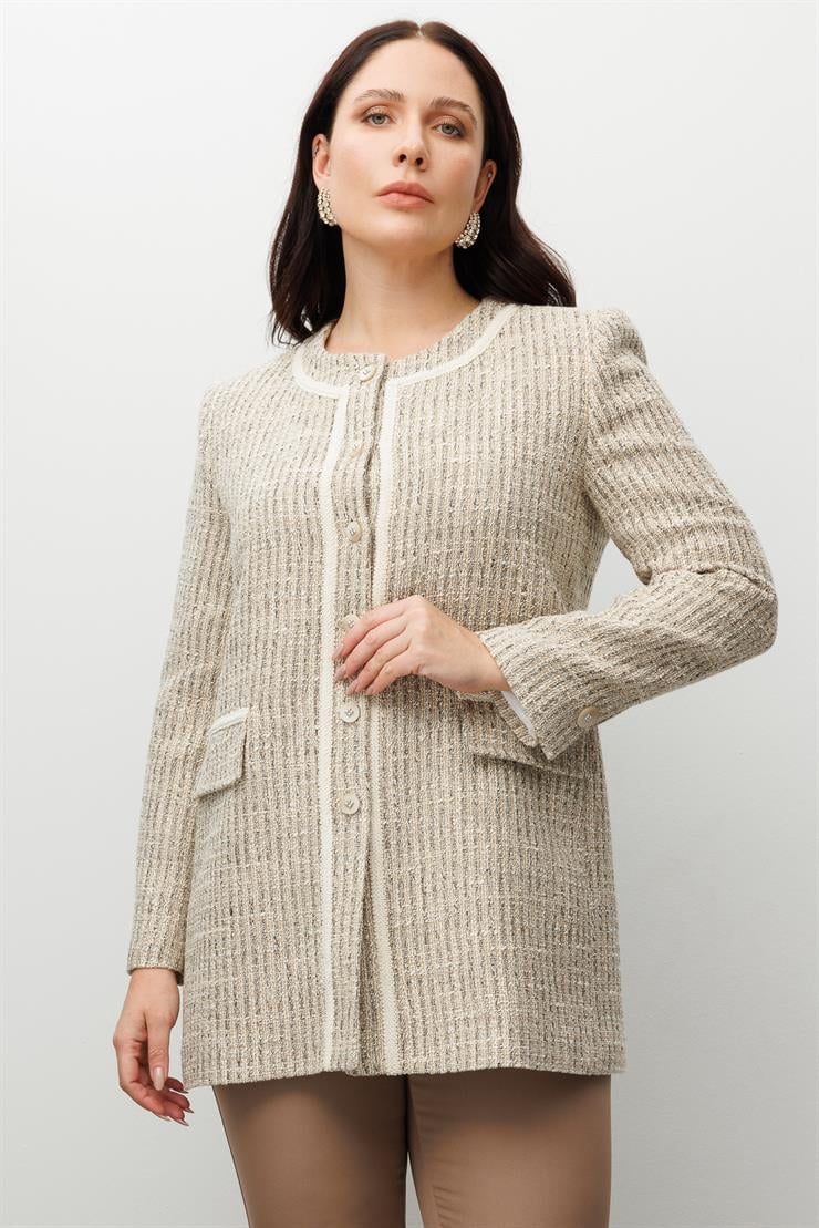 Modailgi  Sıfır Yakalı Düğme Kapamalı Şerit Detaylı Astarlı Uzun Ceket Bej
