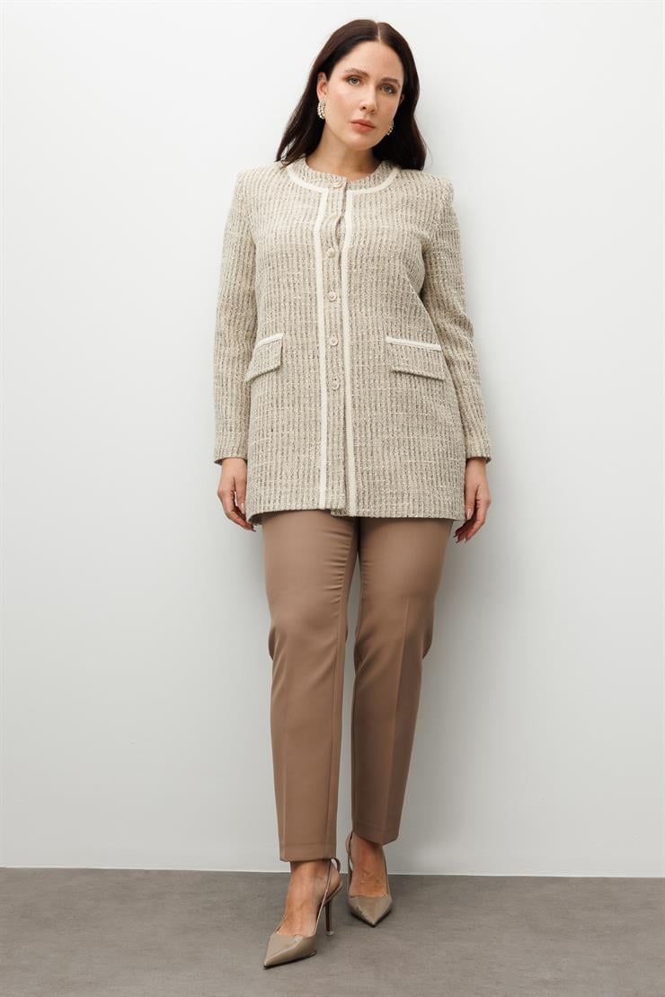 Modailgi  Sıfır Yakalı Düğme Kapamalı Şerit Detaylı Astarlı Uzun Ceket Bej