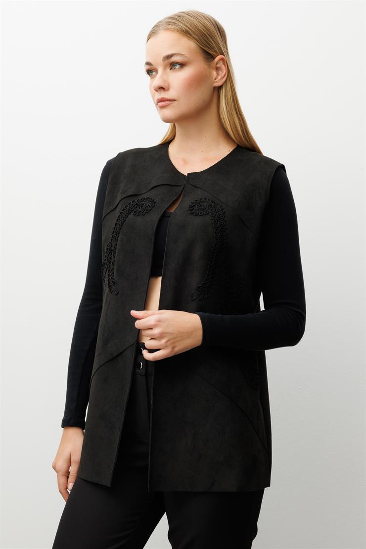 Modailgi  Sıfır Yakalı Havalı Dikiş Ve Lase Nakış Detaylı Uzun Süet Yelek Siyah