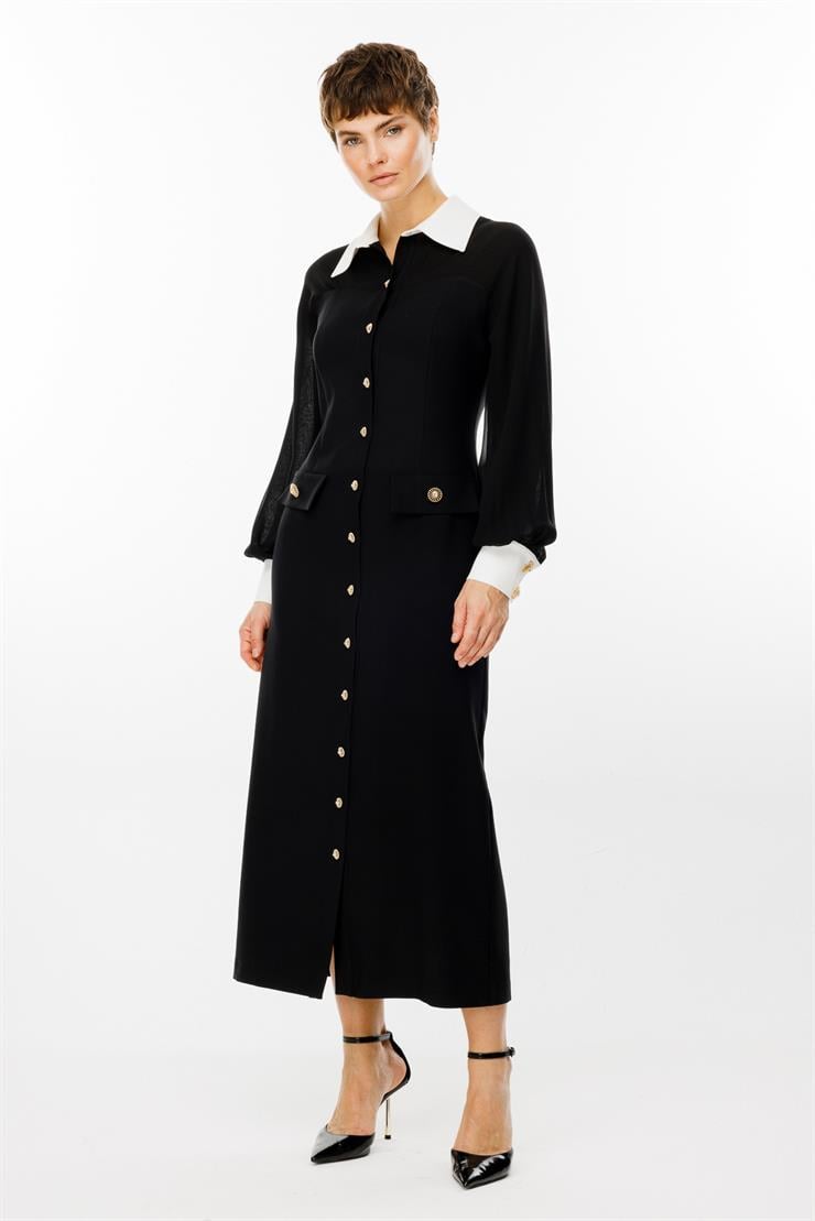 Modailgi  Şifon Kumaş Mix Detaylı Düğme Kapamalı Elbise Siyah